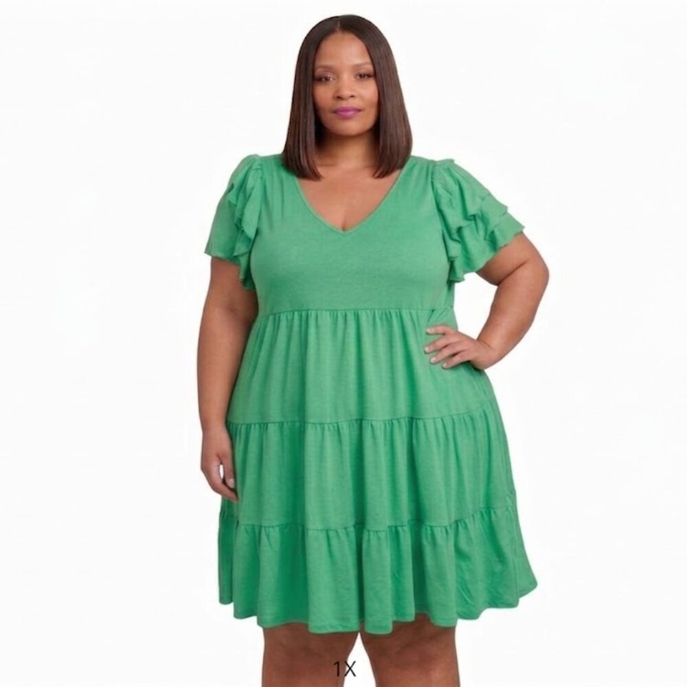 Just Be Tiered 1X  Plus Size Green Ruffle Dress